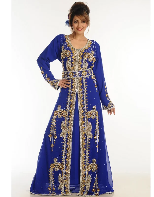 Muslim Blue Georgette Hand Zari Embroidery Kaftan