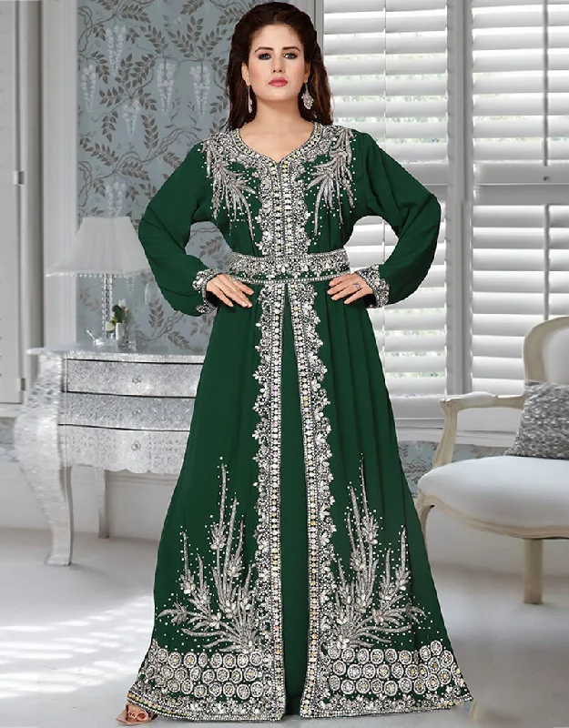 Women Bottle Green Silver Embroidery Moroccan Kaftan