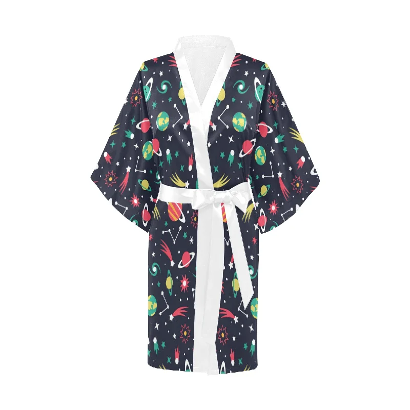 colorful space pattern planet star Women's Short Kimono Robe