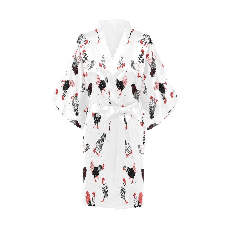 Cool rooster chicken cock floral ornament backgrou Women's Short Kimono Robe