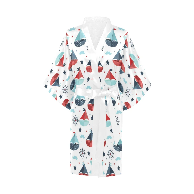 Cute color paper sailboat pattern Women's Short Kimono Robe