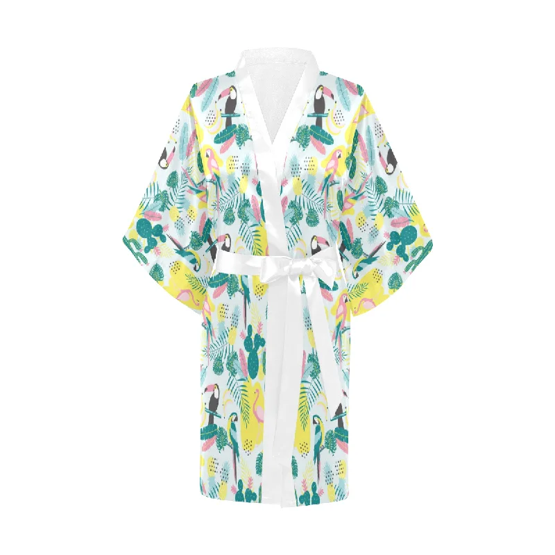 Cute parrot toucan flamingo cactus exotic leaves p Women's Short Kimono Robe