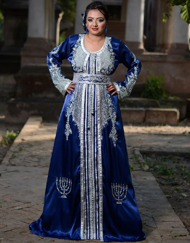 Arabic Dark Blue and White Color Silk Hand Silver Embroidery Kaftan