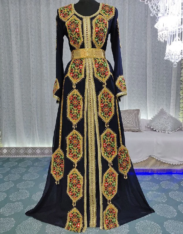 Women Dark Blue Georgette Hand Golden Embroidery Moroccan Style Kaftan