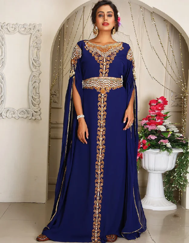 Muslim Dark Blue Georgette Stone Embroidery Moroccan