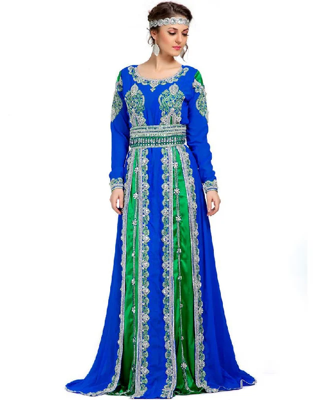 Modest Green and Blue Georgette Hand Silver Embroidery Moroccan Kaftan