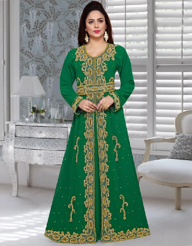 Latest Green Georgette Multi Embroidery Moroccan Kaftan