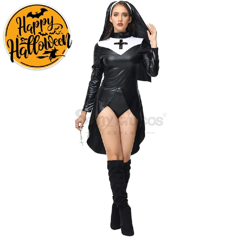 【In Stock】Halloween Cosplay Nun Leather Suit Cosplay Costume