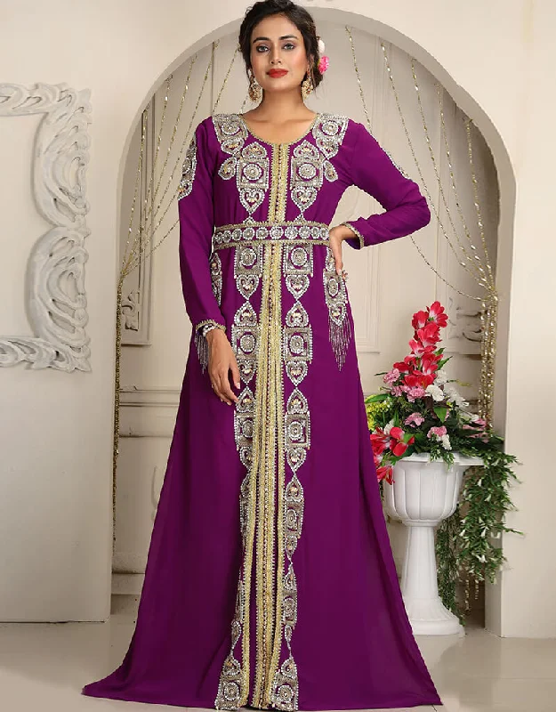 Modest Purple Georgette Stone Embroidery Moroccan