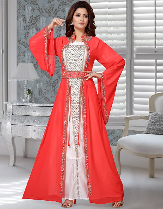 Dubai Red and White Georgette Moroccan Kaftan