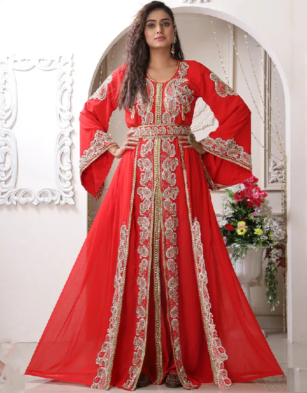 Chic Red Georgette Stone Embroidery Moroccan