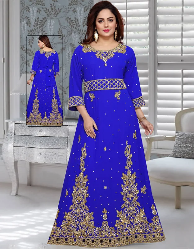 Trendy Royal Blue Georgette Hand Zari Embroidery Moroccan Kaftan