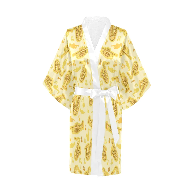 Saxophone cornet pattern yellow background Women's Short Kimono Robe