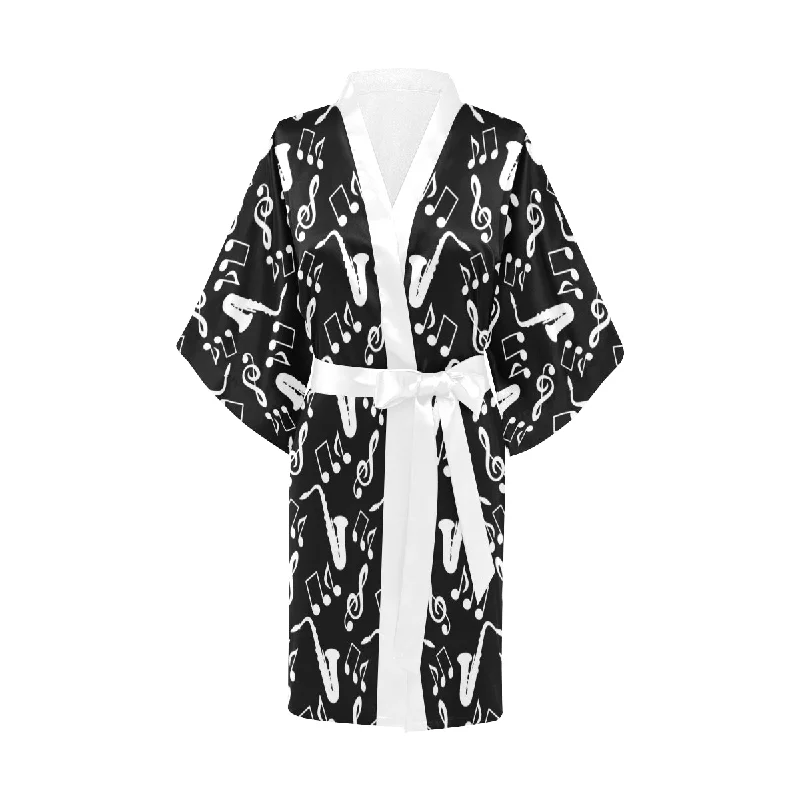 Saxophone music notes treble clef black white them Women's Short Kimono Robe