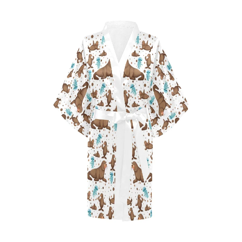 sea lion Seals jellyfish pattern Women's Short Kimono Robe