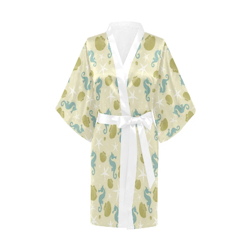 Seahorse shell starfish pattern background Women's Short Kimono Robe