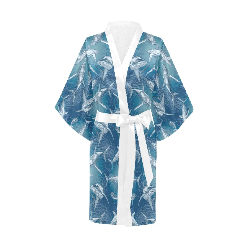 Shark hand drawn Women's Short Kimono Robe