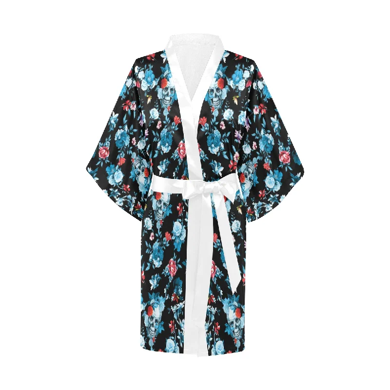 Skull flower roses leave pattern Women's Short Kimono Robe