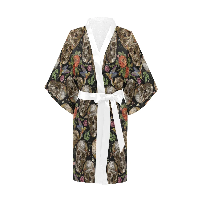 Skull rose humming bird flower pattern Women's Short Kimono Robe