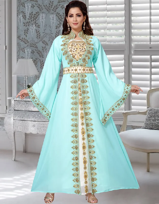 Muslim Sky Blue Stand Collar Style Moroccan Kaftan