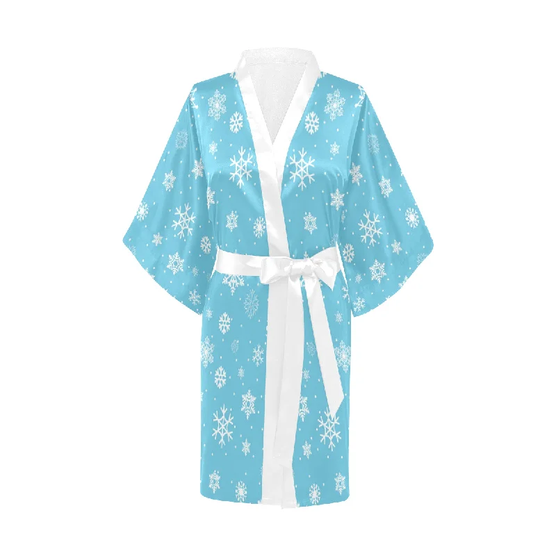 Snowflake pattern blue background Women's Short Kimono Robe