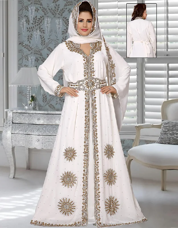 Muslimah White Georgette Hand Zari Embroidery Moroccan Kaftan