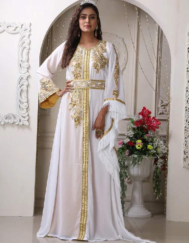 Modern White Georgette Stone Embroidery Moroccan