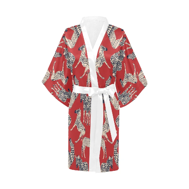 Zebra abstract red background Women's Short Kimono Robe