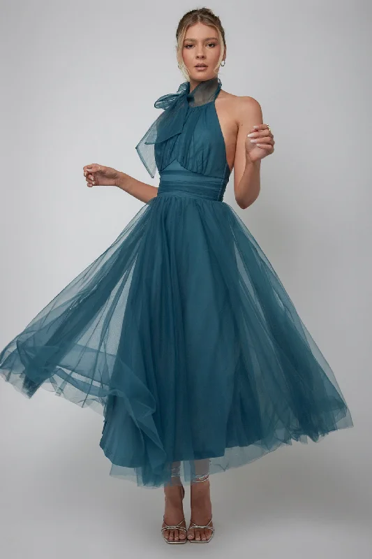 Andria Halterneck Tulle Midi Dress Teal