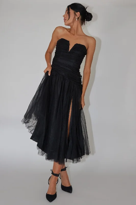 Daphnie Drop Waist Tulle Midi Dress Black