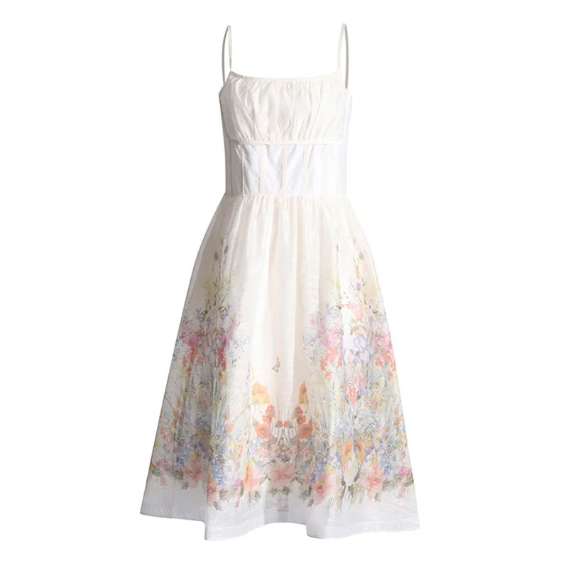 French Style Square Neck Smocked Corset Floral Printed Midi Sundress