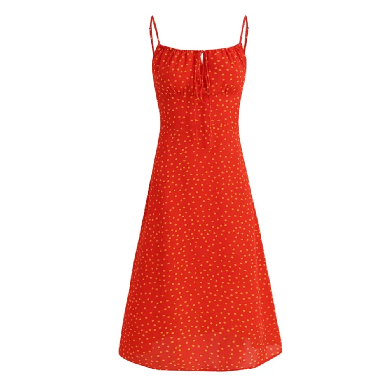 Sexy Tie Neck Smocked Sleeveless A Line Polka Dot Print Midi Sundress