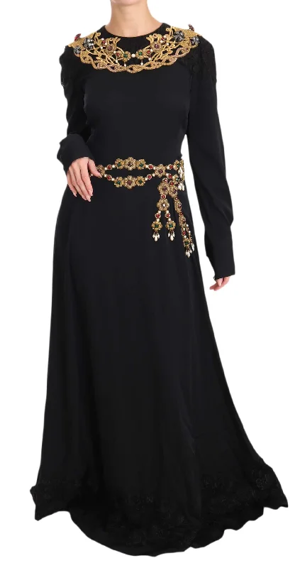 Dolce & Gabbana Elegant Maxi Black Dress with Gold Women's Detailing