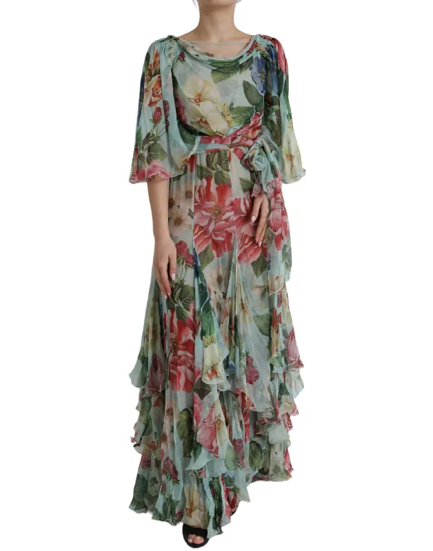 Dolce & Gabbana Blue Floral Print Tiered Long Maxi Women's Dress