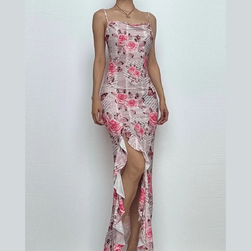 Cowl neck ruffle slit butterfly print cami maxi dress