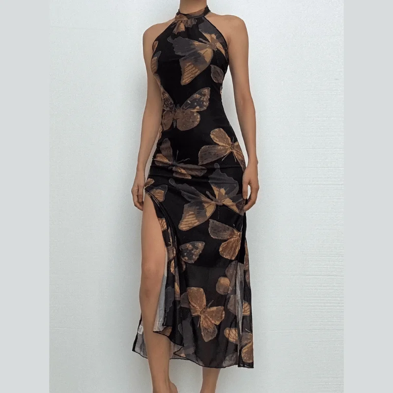 Halter butterfly print backless mesh maxi dress