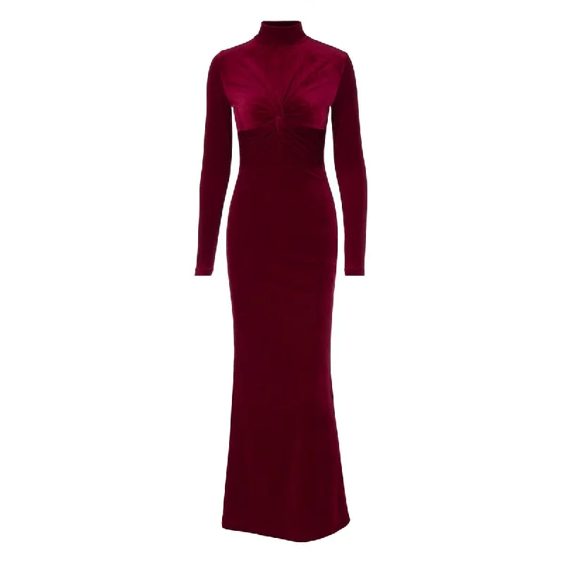 High neck long sleeve velvet ruched maxi dress