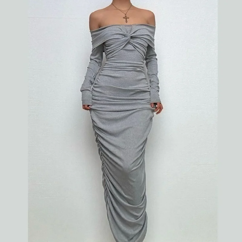 Long sleeve off shoulder ruched maxi dress