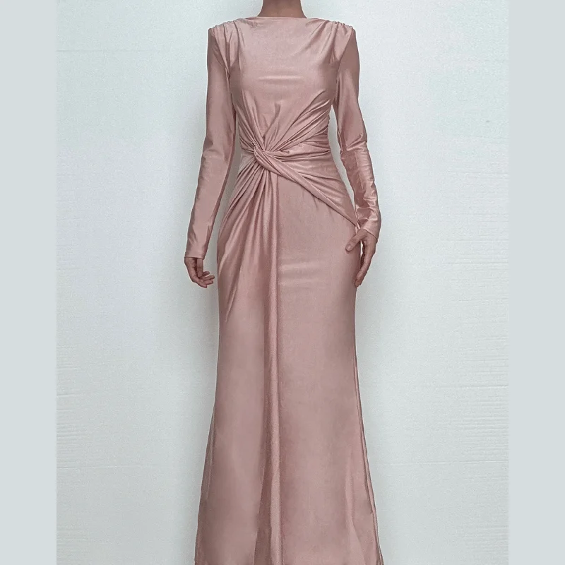 Long sleeve padded ruched maxi dress