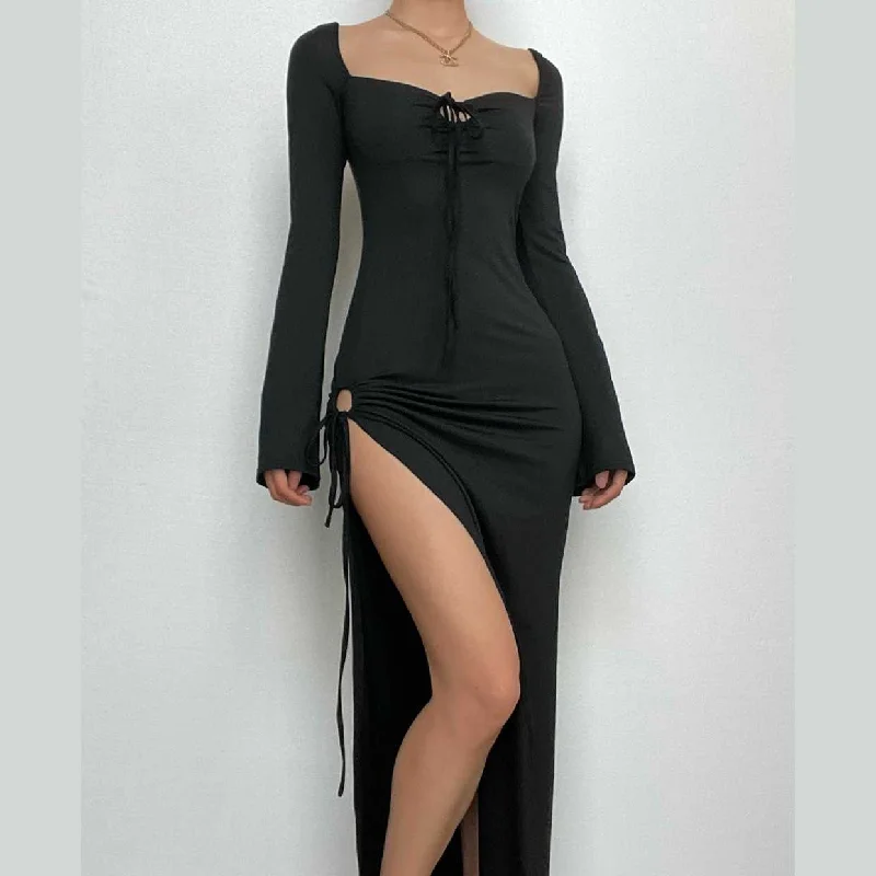 Long sleeve slit self tie drawstring backless solid maxi dress