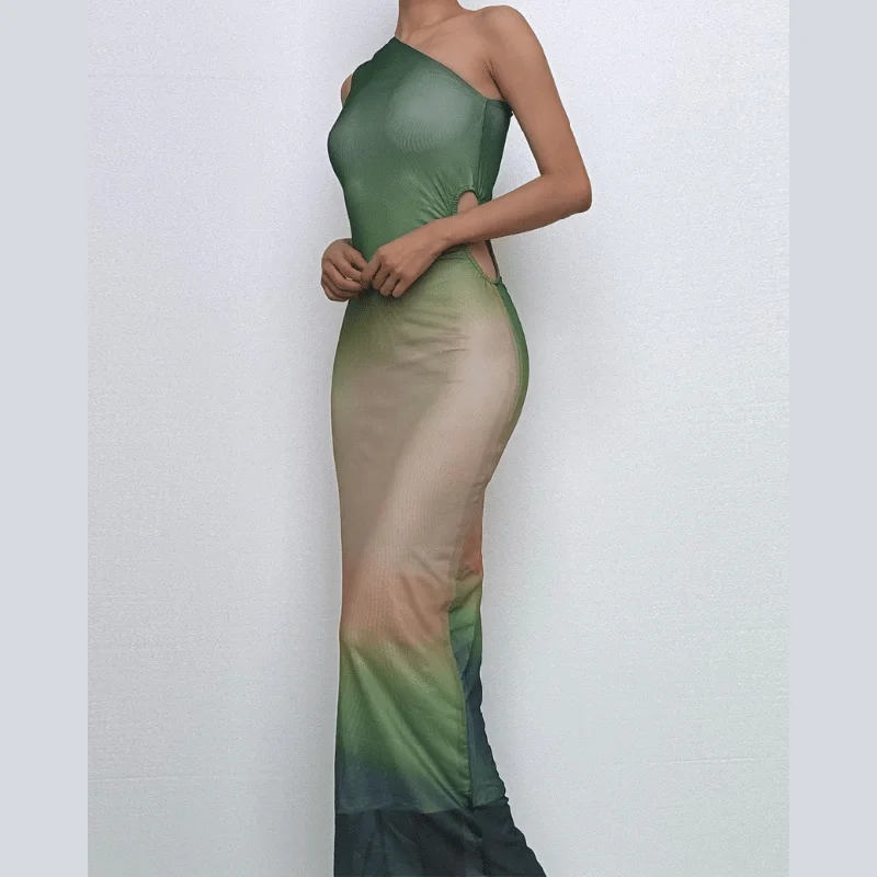 One shoulder gradient hollow out cut out maxi dress