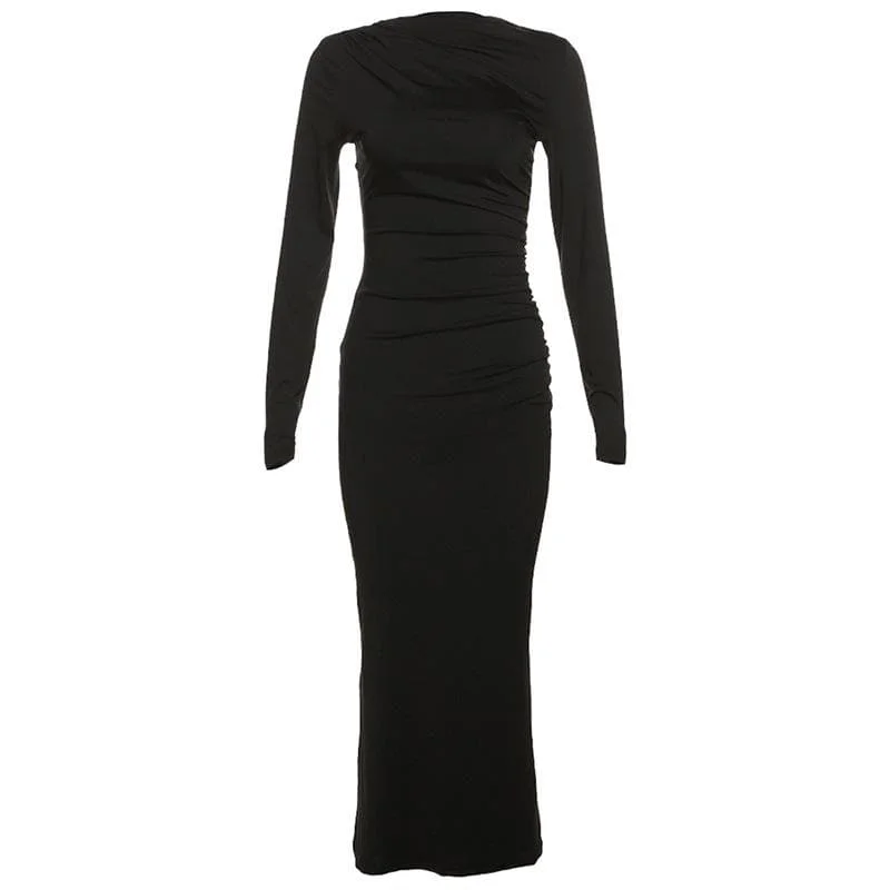 Ruched solid long sleeve zip-up maxi dress