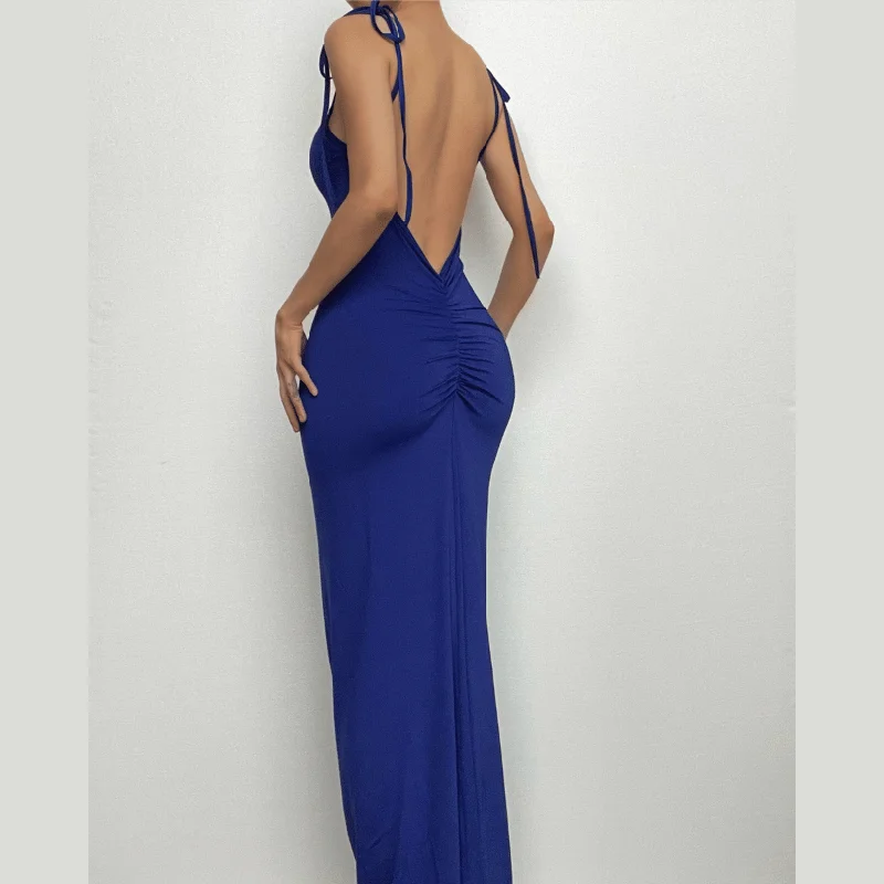 Self tie backless ruched square neck solid maxi dress