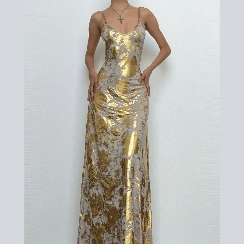 V neck backless metallic print contrast cami maxi dress